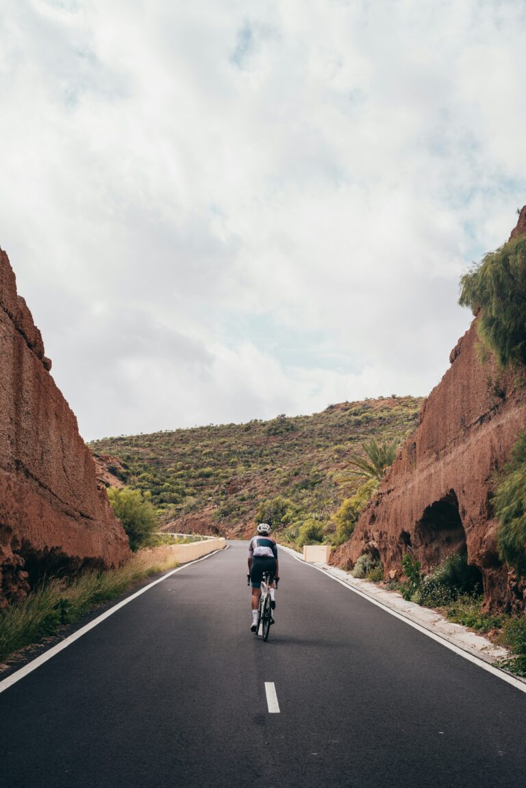 cyclist riding alone on an open road through a rocky canyon